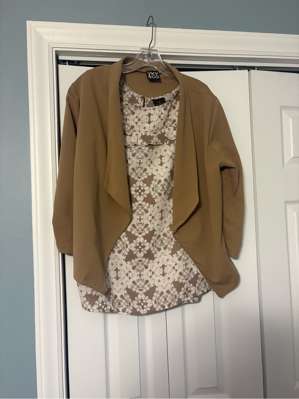 Camel Open-Front Draped Blazer & Matching Blouse